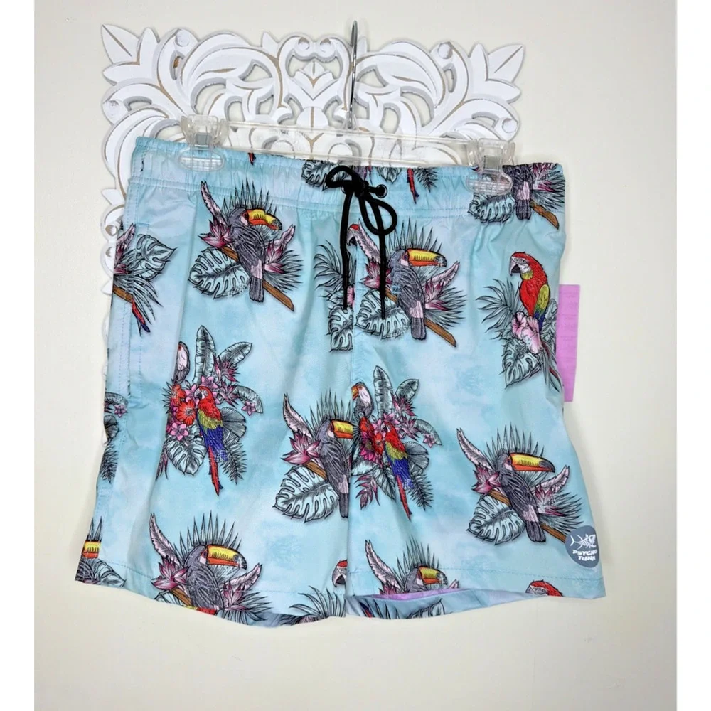 Psycho Tuna Tropical Birds Swim Trunks Men's Medium Aqua Parrot Beach Resort NWT